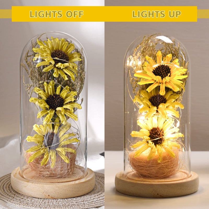 socathey Sunflower Gifts for Women  Artificial Sunflowers in Glass Dome with LED Strip  1PSC Sunflower Decor on Mother's Day  Valentine's Day  Christmas  Thanksgiving  Birthday (Yellow) - Image 4